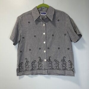 Erika & Co Petites Black Gingham Embroidered Cotton Button Up Top PS Cottagecore